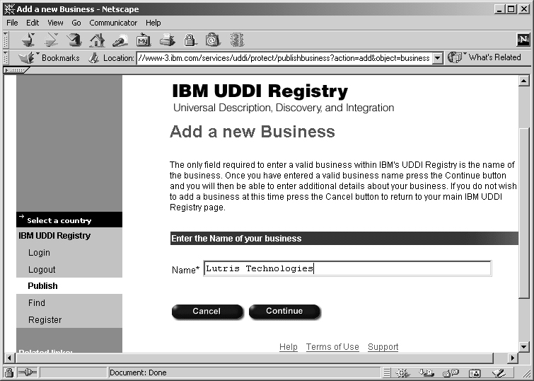 Hinzufügen eines neuen Business zu der UDDI-Registry Hinzufügen eines neuen Business zu der UDDI-Registry