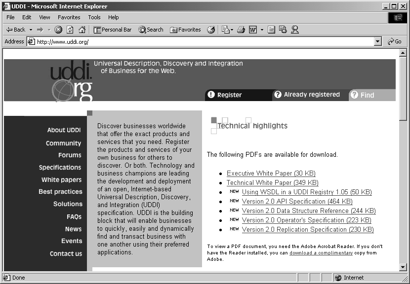Die Website von UDDI Die Website von UDDI