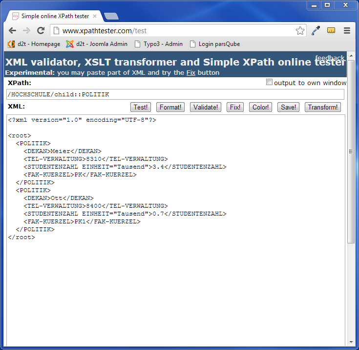 Anzeige des Ergebnisses im XML-Fenster Anzeige des Ergebnisses im XML-Fenster